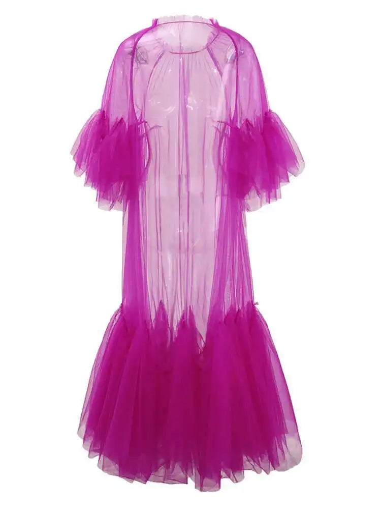 Women Purple Ruffles Mesh Perspective Big Size Long Dress New Round Neck Half Sleeve Fashion Spring Summer 2025 JR7711