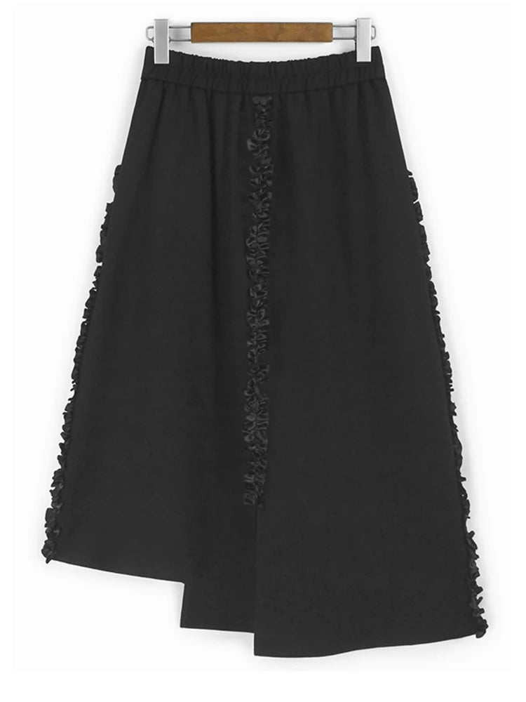 High Elastic Waist Black Ruffles Irregular Hem Elegant A-line Skirt Women Fashion Tide New Spring Autumn 2025 1DH9660