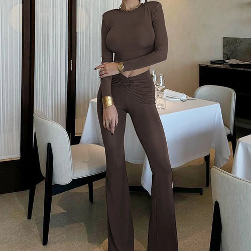 Load image into Gallery viewer, Fashion 2 Pcs Sets Solid Shoulder Pads Long Sleeve Crop T-Shirt Ruched Flare Pants Fall Women Outfits Streetwear Sport
