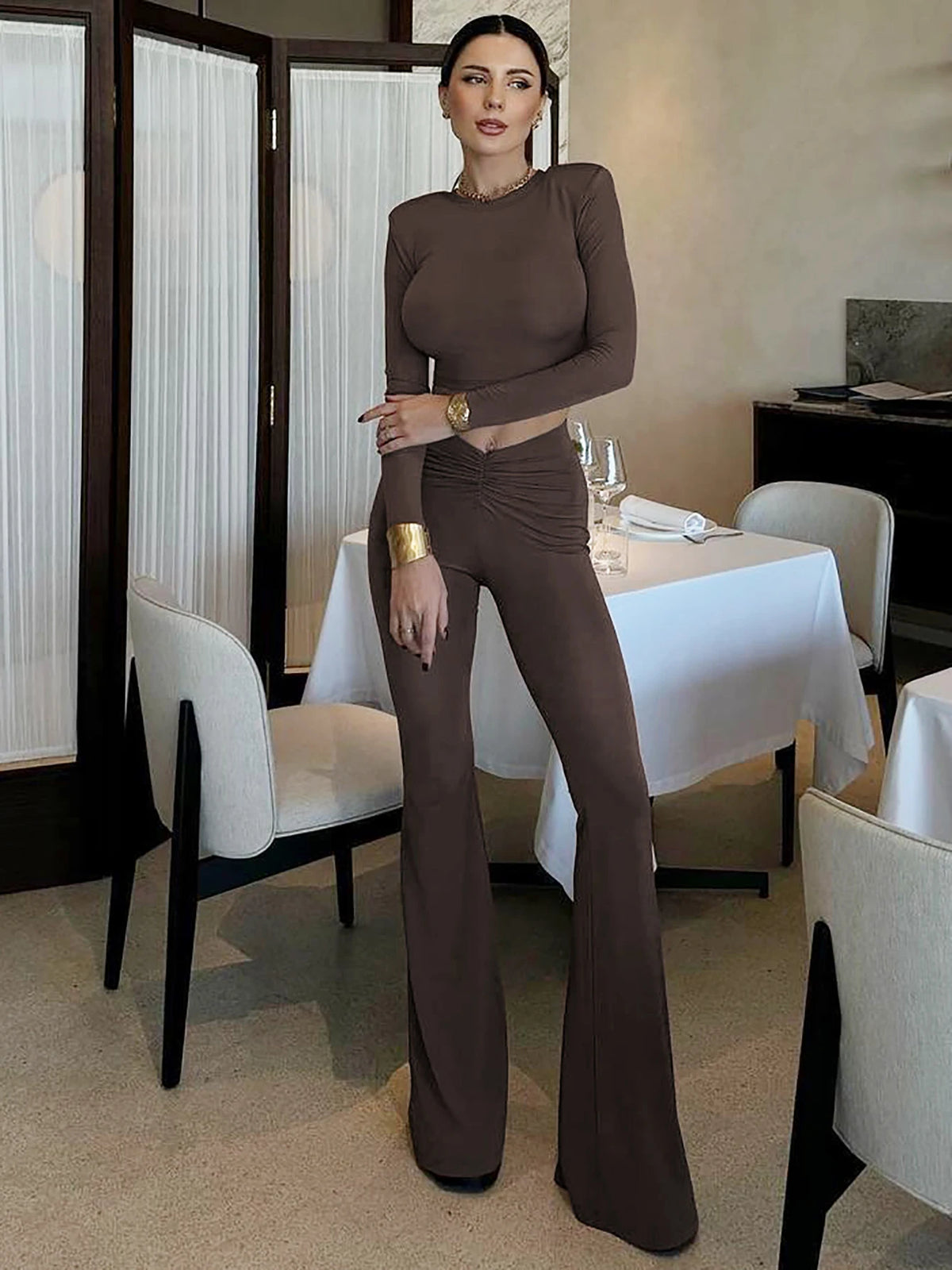 Fashion 2 Pcs Sets Solid Shoulder Pads Long Sleeve Crop T-Shirt Ruched Flare Pants Fall Women Outfits Streetwear Sport