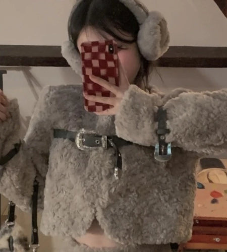 Winter Clothes Women Gray Lamb Wool Jacket 2024 Ropa Mujer Stand Neck Fashion Korean Outwear Y2k Tops Furry Thicked Warm Coat