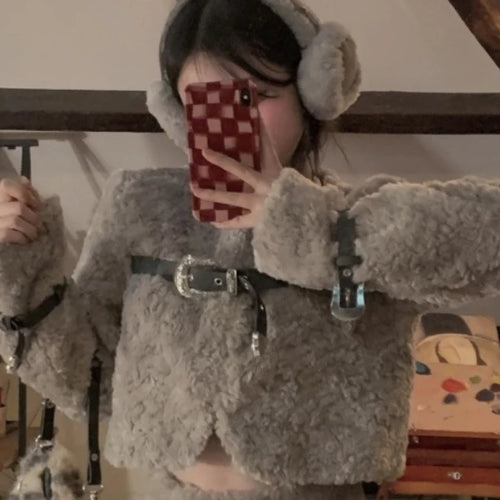 Load image into Gallery viewer, Winter Clothes Women Gray Lamb Wool Jacket 2024 Ropa Mujer Stand Neck Fashion Korean Outwear Y2k Tops Furry Thicked Warm Coat
