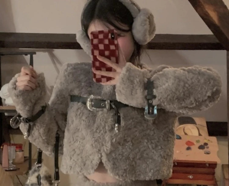 Winter Clothes Women Gray Lamb Wool Jacket 2024 Ropa Mujer Stand Neck Fashion Korean Outwear Y2k Tops Furry Thicked Warm Coat