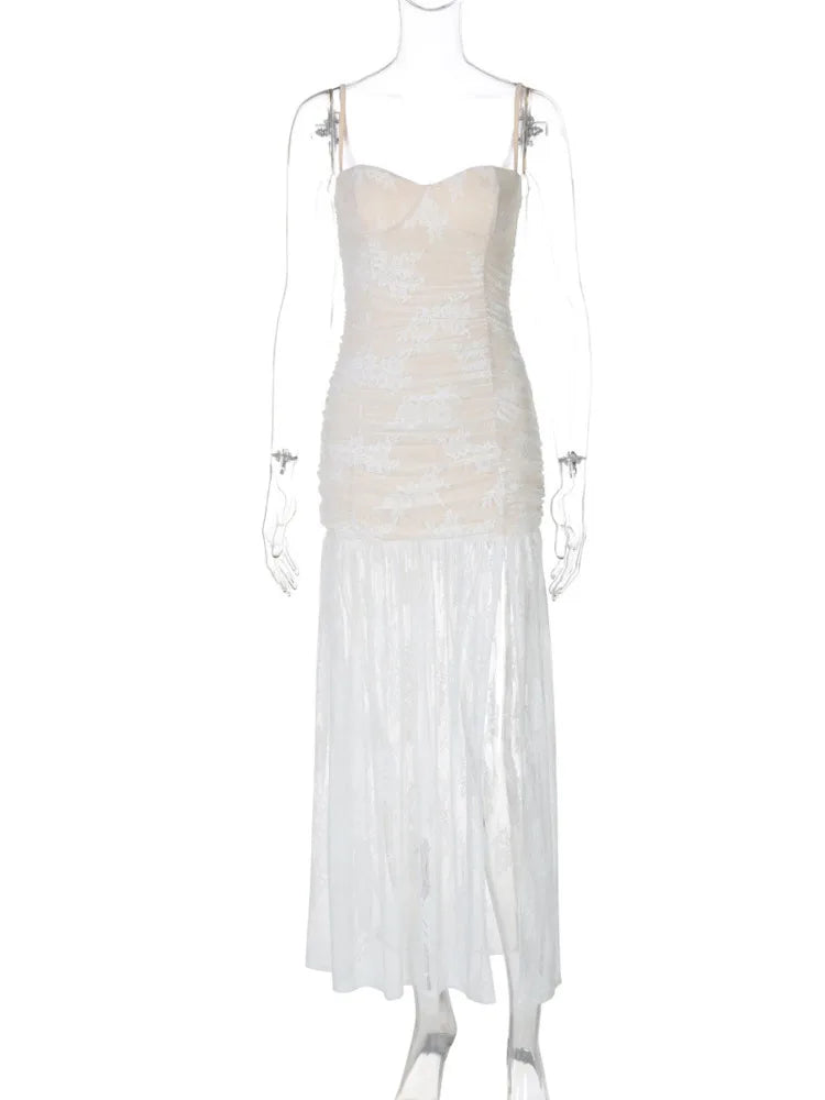 Spaghetti Strap Lace Sexy Maxi Dress For Women Gown Black Sleeveless Backless Thigh High Split Bodycon Long Dress