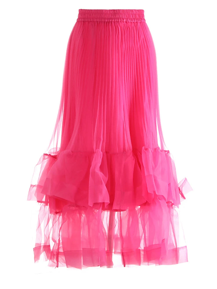 High Elastic Waist Rose Red Duoble Layers Organza Pleated Half-body Skirt Women Fashion New Spring Autumn 2025 1DJ0987