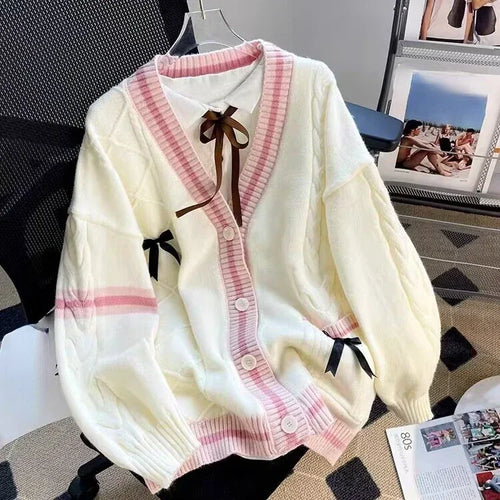 Load image into Gallery viewer, Sweet Bow Knitted Cardigans Y2k Aesthetic All Match Contrast Color Coats Fashion Single Breasted Women Kawaii JK Sweaters Jumper
