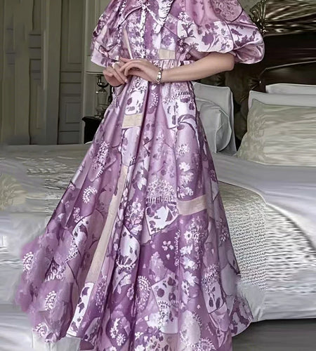 Hit Color Printing Fashion Long Dresses for Women Lapel Short Sleeves High Wasit Elegant Dress Female Clothing New