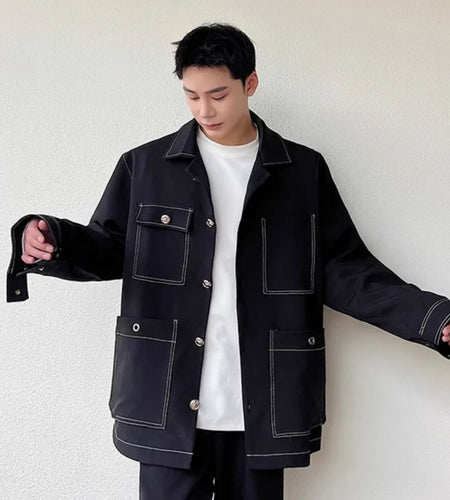 Men's Jacket New Open Line Solid Color Design Korean Turn-down Collar Multi Pockets Handsome Suit Jackets Spring 9W1520