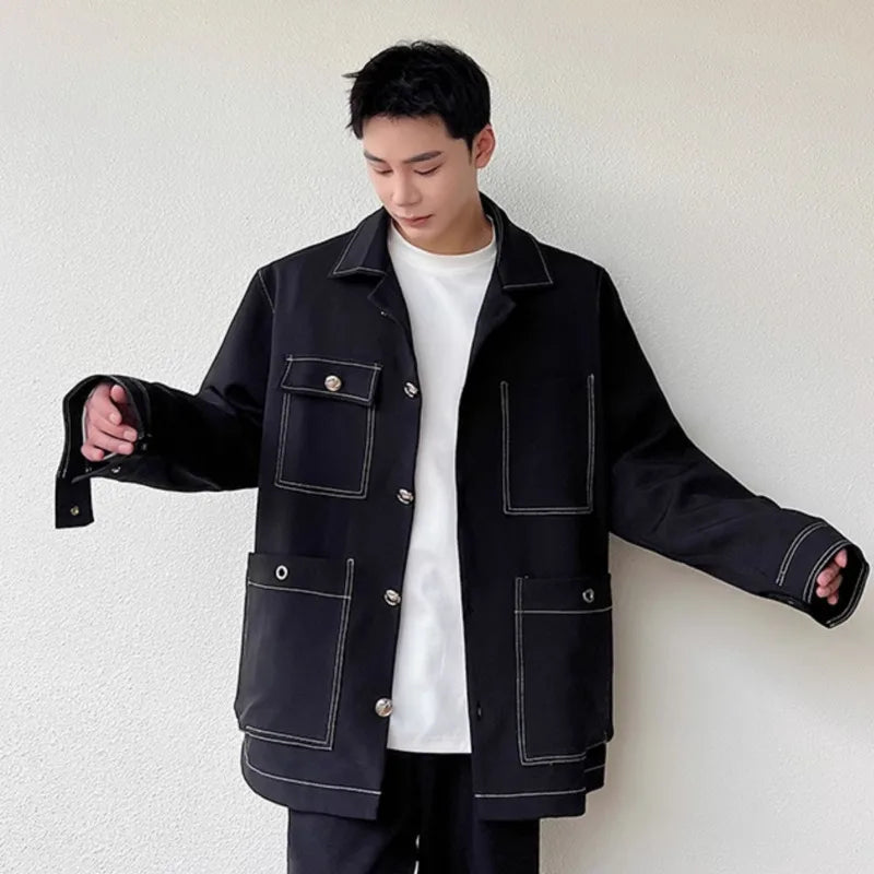 Men's Jacket New Open Line Solid Color Design Korean Turn-down Collar Multi Pockets Handsome Suit Jackets Spring 9W1520