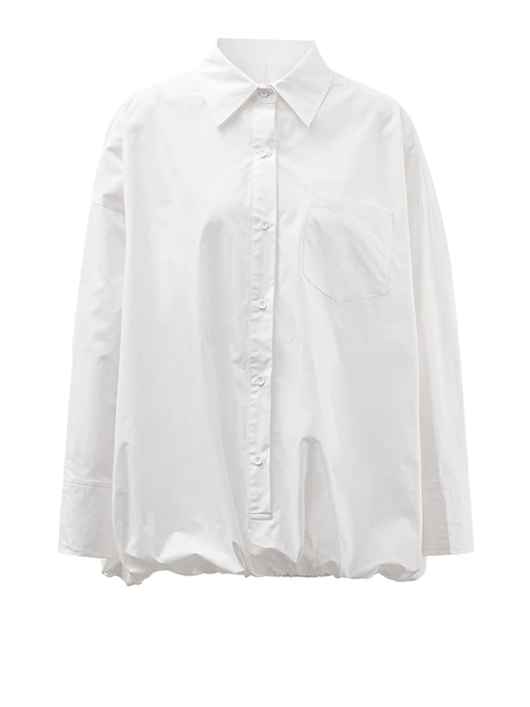 Women White Hem Elastic Big Size Elegant Blouse New Lapel Long Sleeve Shirt Fashion Tide Spring Autumn 2025 CPDB215