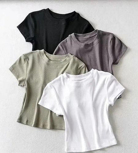 Summer Sexy Women O-neck Short-sleeve T-shirt Slim Elastic Skinny Crop Tops