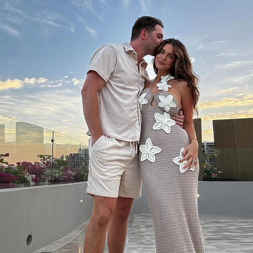 Load image into Gallery viewer, See Through Crochet Floral Knit Sexy Maxi Dress For Women Halter Sleeveless Backless Party Long Dress Beachwear New
