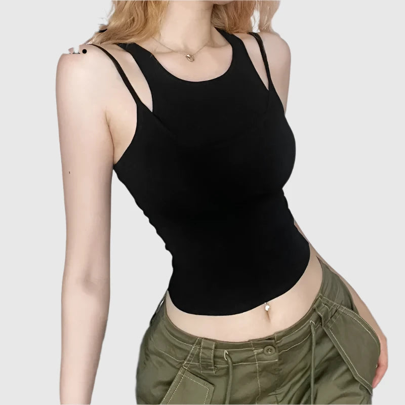 Fake Two Piece Crop Tops for Women Summer Fashion White Black Womans Tank Tops Basics Casual Clothes P71-BB15