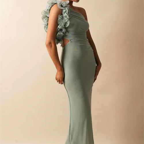 Load image into Gallery viewer, Shoulder Floral Mesh Ruched Sexy Maxi Dress For Women Gown Oblique Shoulder Sleeveless Backless Bodycon Long Dress
