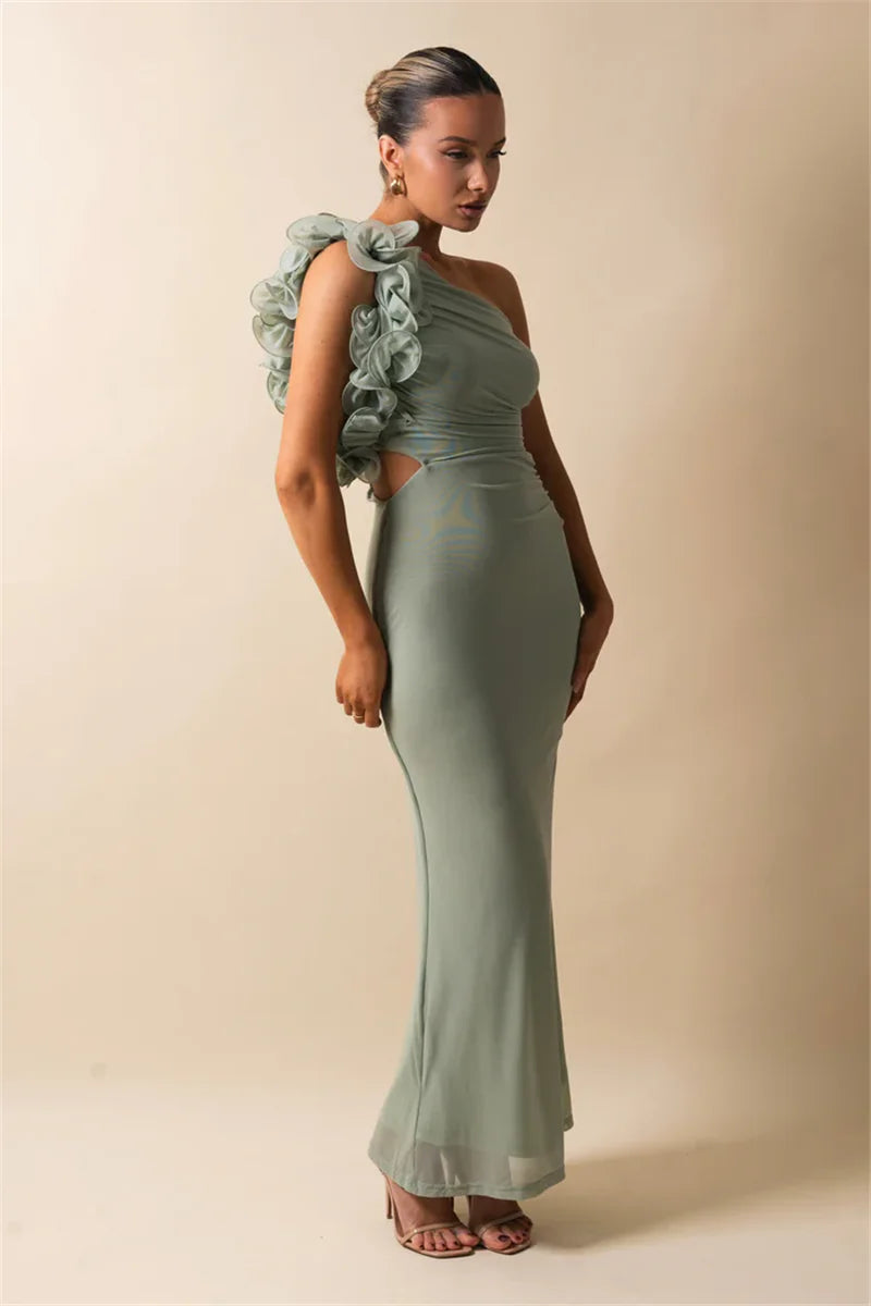 Shoulder Floral Mesh Ruched Sexy Maxi Dress For Women Gown Oblique Shoulder Sleeveless Backless Bodycon Long Dress