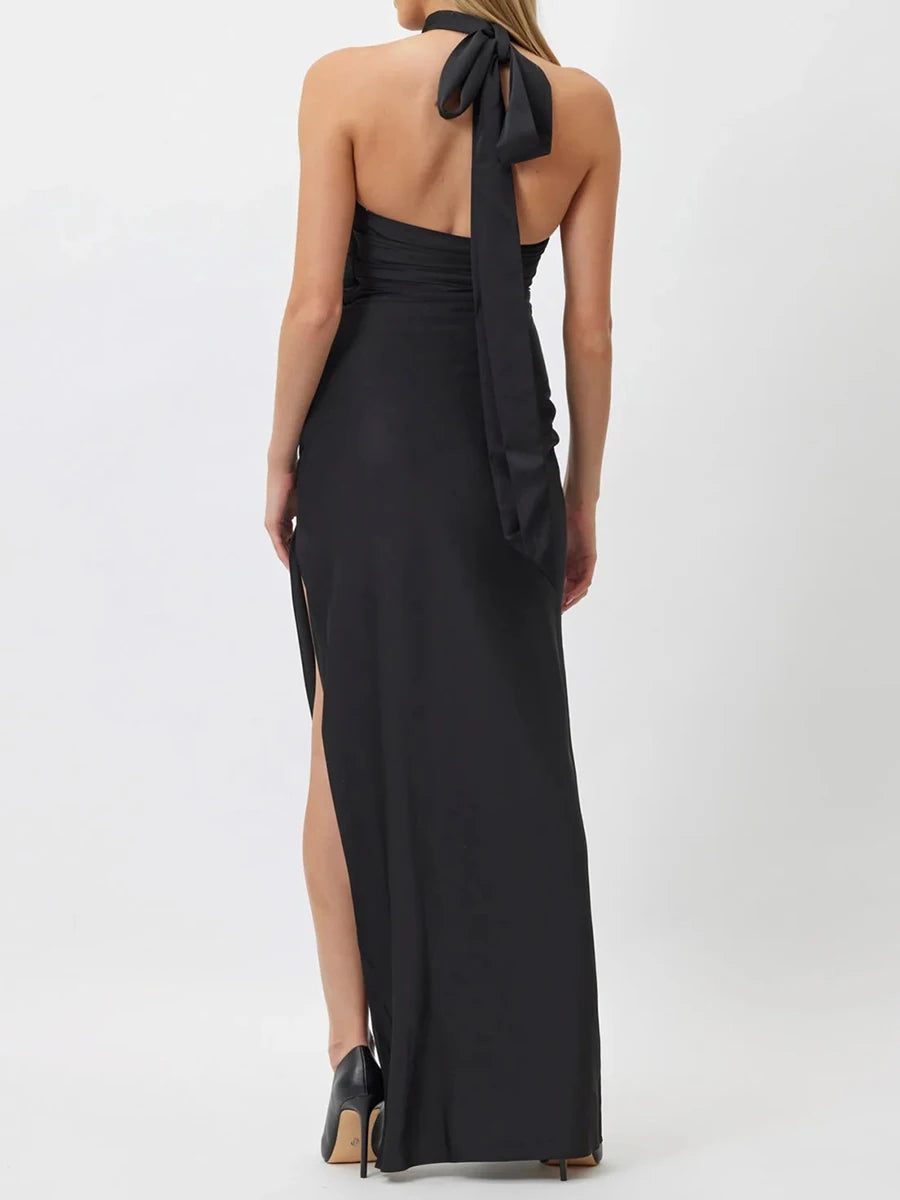 Solid Spliced Appliques Slimming Dresses For Women Halter Sleeveless High Waist Temperament Dress Female Fashion