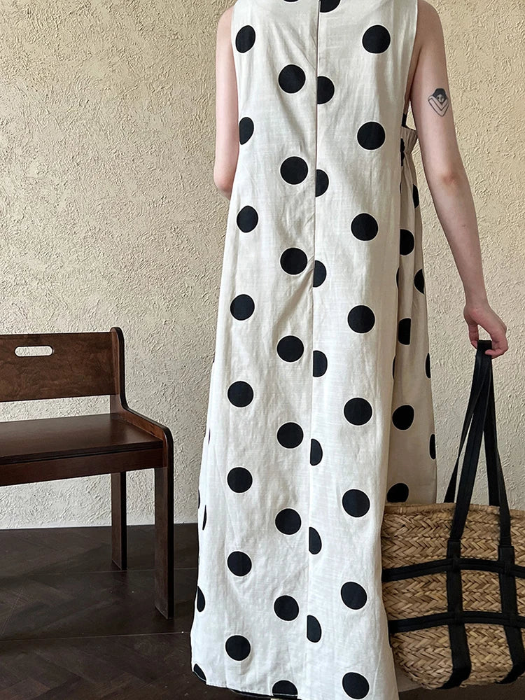 Women White Dot Printed Pleated Big Size Elegant Dress New Round Neck Sleeveless Fashion Tide Spring Summer 2025 1DJ0367