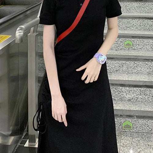 Load image into Gallery viewer, Black Polo Neck Simple Female Maxi Dress Short Sleeve Solid Color Summer Women Dresses French Style Casual Office Ladies
