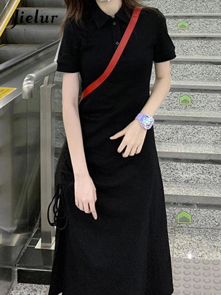 Black Polo Neck Simple Female Maxi Dress Short Sleeve Solid Color Summer Women Dresses French Style Casual Office Ladies