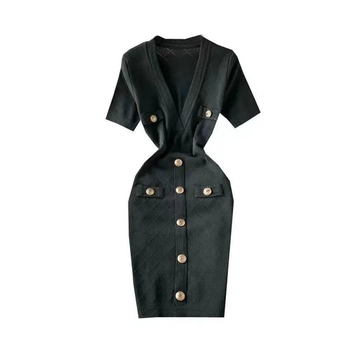 Load image into Gallery viewer, Women 2024 Solid Deep V-neck Short-sleeved Elegant A-line Dress Spring Summer Single Breasted Office Knit Wrap Hip Short Dresses
