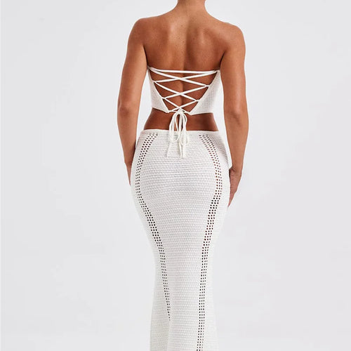 Load image into Gallery viewer, Elegant Knit Skirt Two Piece Sets Women Strapless Bandage Crop Tops And Maxi Skirt Femme Lace Up Sexy Ttwo Piece Sets
