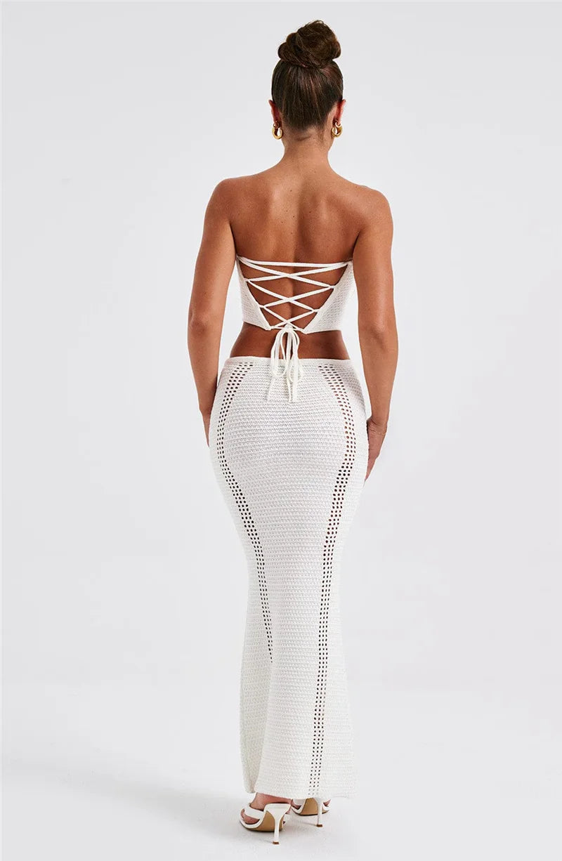 Elegant Knit Skirt Two Piece Sets Women Strapless Bandage Crop Tops And Maxi Skirt Femme Lace Up Sexy Ttwo Piece Sets