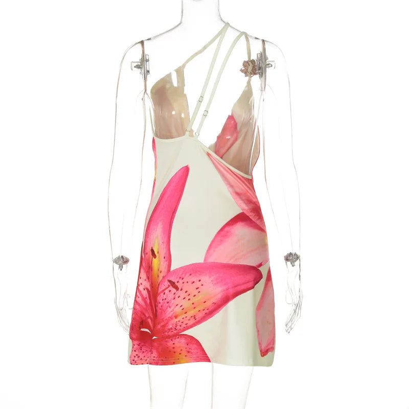 One Shoulder Backless Print Sexy Mini Dress Women Summer New Hollow Out Sleeveless Ruched Beach Club Party Dress