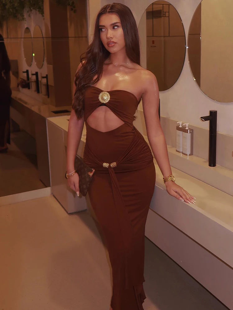 Hollow Out Backless Sexy Maxi Dress Women Gown Summer New Off-shoulder Strapless Sleeveless Ruched Club Long Dress