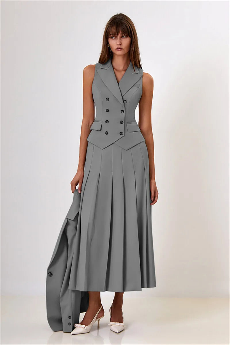 Autumn Two Piece Sets Women Double-breasted Vest And Split Skirt Matching Sets Fashion Long Pleated Skirt Two Piece Set