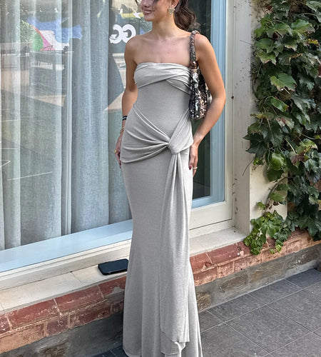 Fashion Solid Ruched Bandage Sexy Bodycon Maxi Dress 2025 Spring Summer Women Y2K Clothes Birthday Party Festival