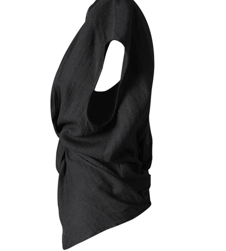 Women Black Irregular Pleated Knot Elegant Blouse New V-Neck Sleeveless Shirt Fashion Tide Spring Summer 2025 CPG3252