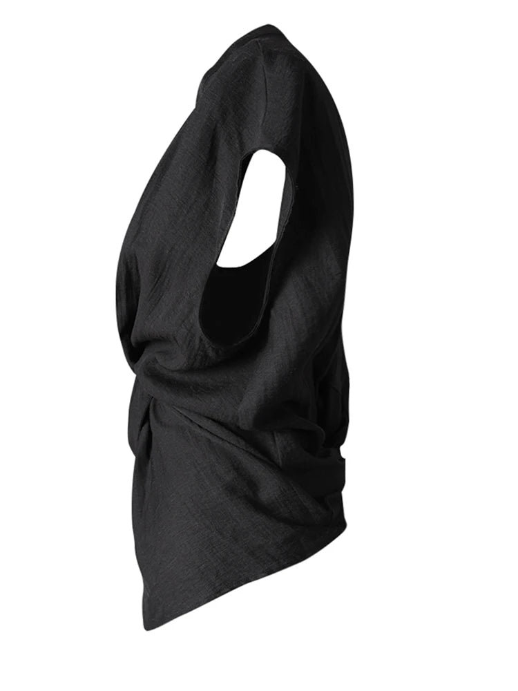 Women Black Irregular Pleated Knot Elegant Blouse New V-Neck Sleeveless Shirt Fashion Tide Spring Summer 2025 CPG3252