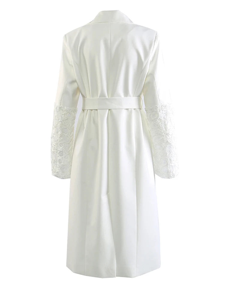 Women White Sequins Flower Big Size Long Blazer New Lapel Long Sleeve Jacket Fashion Tide Spring Autumn 2025 1DJ1288