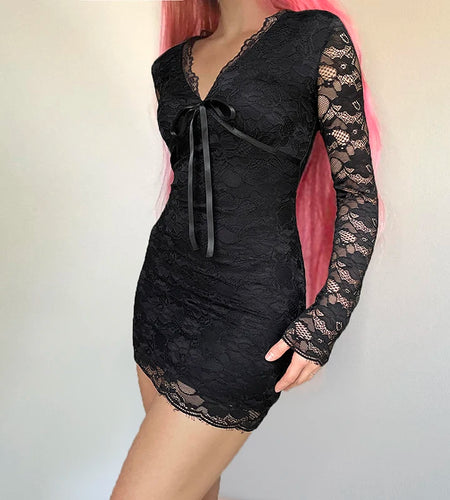 Fashion Black Lace Hook Floral V-Neck Slimming Dress Women' s Lace-Up Long Sleeves Short Dresses Spring Outfits New