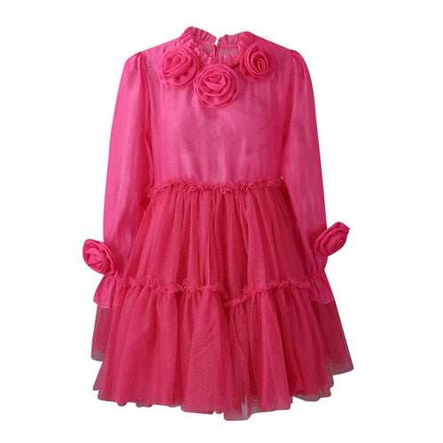 Load image into Gallery viewer, Women Rose Red Mesh Flower Big Size Mini Dress New Stand Collar Long Sleeve Fashion Tide Spring Autumn 2025 CPG3051
