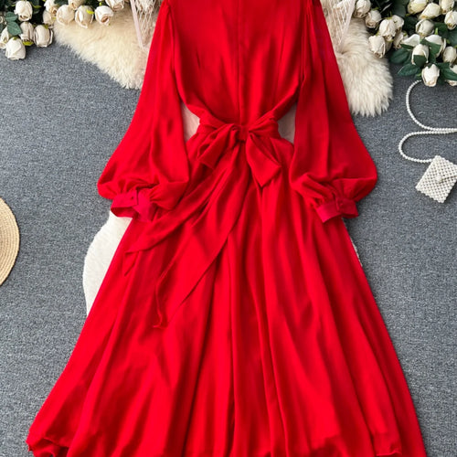Load image into Gallery viewer, French Women Solid V Neck Diamond Elegant High Waist Pleated Dresses Autumn Winter Slim Long Sleeve Holiday Dress Ladies Popular
