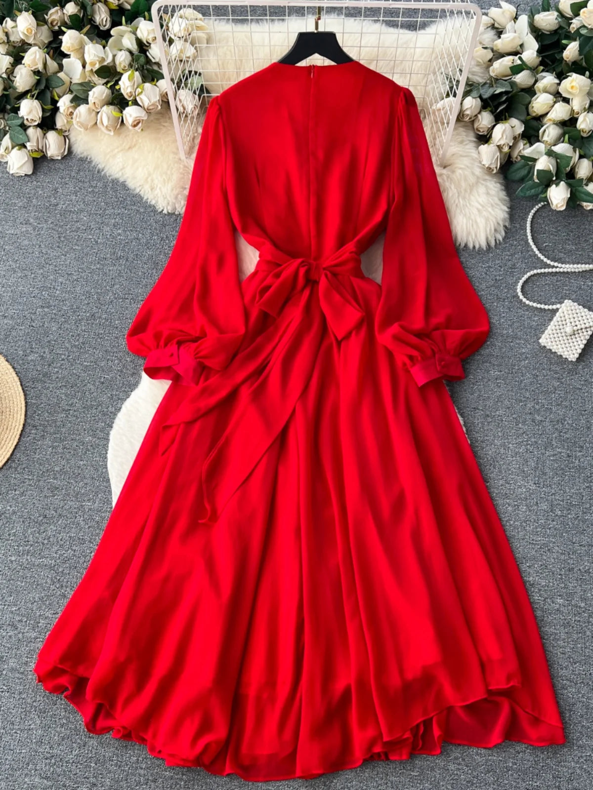 French Women Solid V Neck Diamond Elegant High Waist Pleated Dresses Autumn Winter Slim Long Sleeve Holiday Dress Ladies Popular