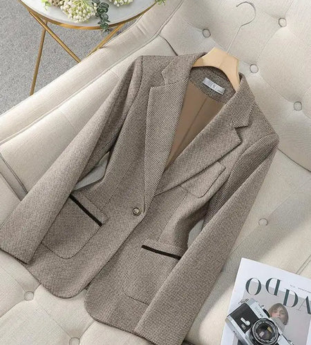 Women Thousand Plaid Office Lady Professional Blazer Coat Autumn Winter Long Sleeve Single Button Cardigan Jacket Fashion Tops