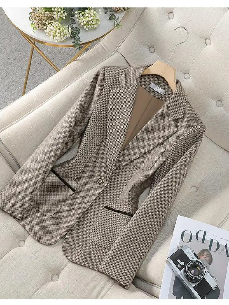 Women Thousand Plaid Office Lady Professional Blazer Coat Autumn Winter Long Sleeve Single Button Cardigan Jacket Fashion Tops