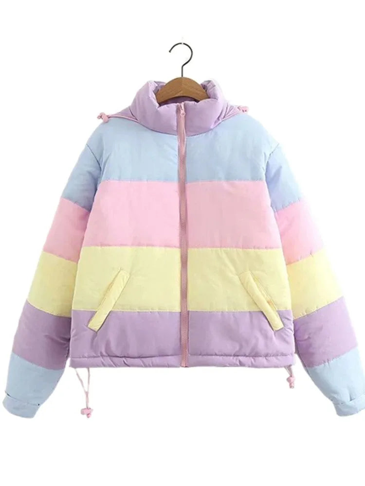 Makaron Color Women Cotton Coats Hooded  Padded Thicken Warm Winter Jacket Patchwork Outwear Mujers Parkas