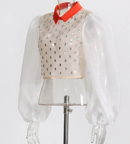 Hit Color Shirts For Women Lapel Lantern Sleeve Patchwork Diamond Casual Blouse Spring Female Fashion Clothing