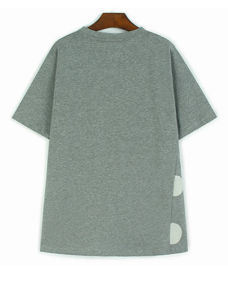 Women Gray Dot Printed Irregular Pleated Big Size T-shirt New Round Neck Short Sleeve Fashion Spring Summer 2025 1DJ1130