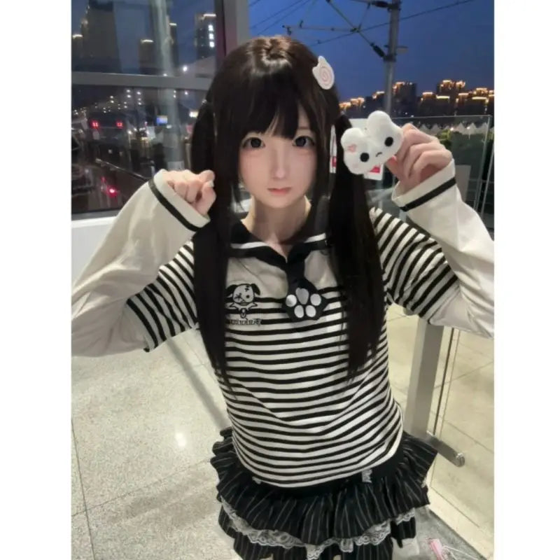 Sweet Woman Tshirts 2024 Ropa Mujer Y2k Tops Fake Two Tees Sailor Collar Embroidery Cute T Shirt Casual Chic Striped Camisetas