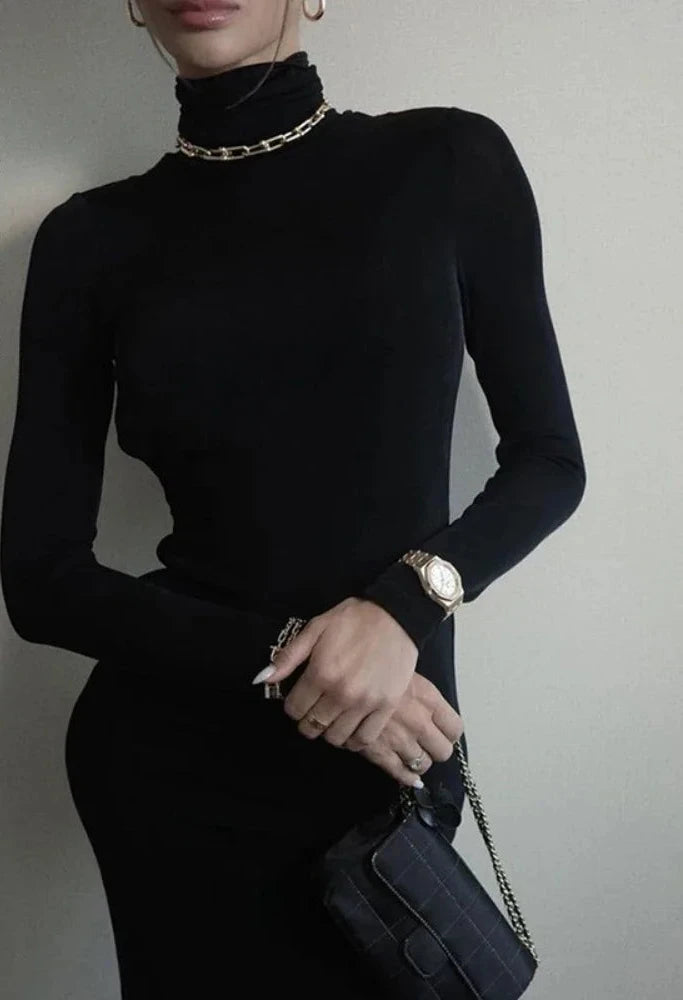 Turtleneck Backless Split Long Dresses Black Sexy Evening Party Dress Autumn 2024 Women Trending Fashion C87-DD41