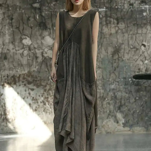 Load image into Gallery viewer, Women Orange Pleated Vintage Casual Dress New Round Neck Sleeveless Loose Fit Fashion Tide Spring Summer 2025 1DF6825
