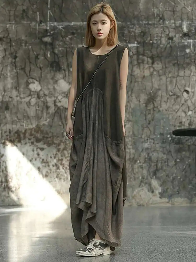 Women Orange Pleated Vintage Casual Dress New Round Neck Sleeveless Loose Fit Fashion Tide Spring Summer 2025 1DF6825