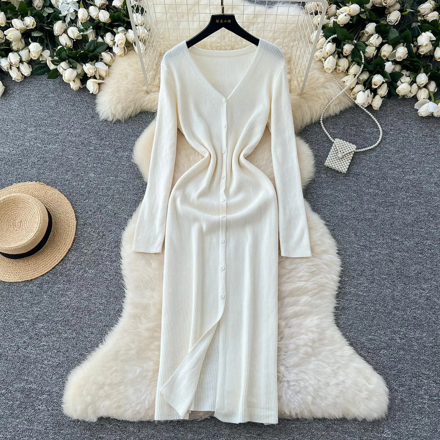 Korean Women Solid V-neck Single Breasted Festival Dresses Autumn Winter Slim Long Sleeve Office Knitted Dress Ladies Simplicity