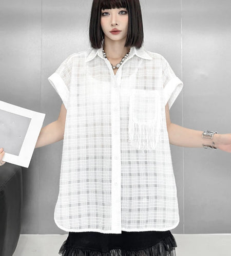 Women White Pocket Tassels Perspective Big Size Blouse New Lapel Short Sleeve Shirt Fashion Spring Summer 2025 1DJ1680