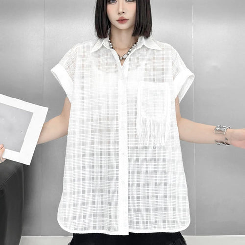 Load image into Gallery viewer, Women White Pocket Tassels Perspective Big Size Blouse New Lapel Short Sleeve Shirt Fashion Spring Summer 2025 1DJ1680
