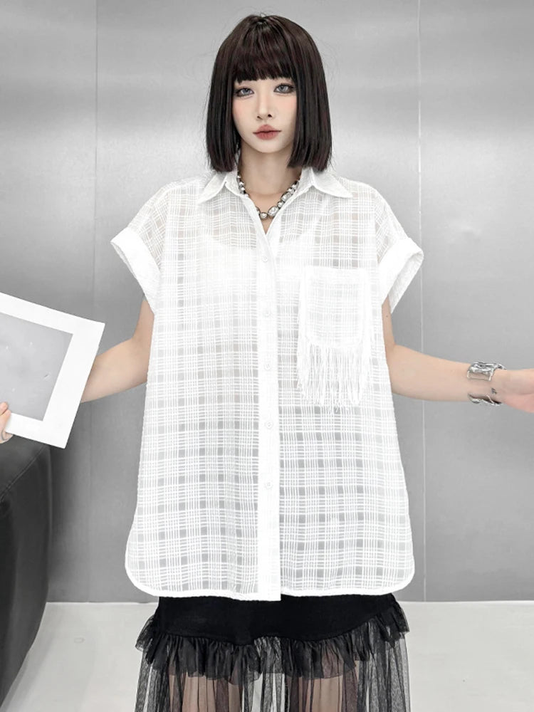 Women White Pocket Tassels Perspective Big Size Blouse New Lapel Short Sleeve Shirt Fashion Spring Summer 2025 1DJ1680